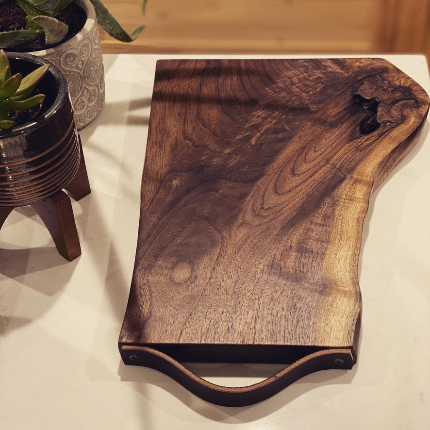 Live-Edge Knotted Serving Board with Leather Handle