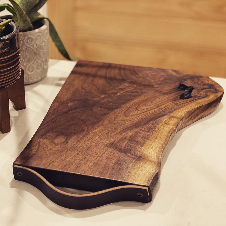 Live-Edge Knotted Serving Board with Leather Handle